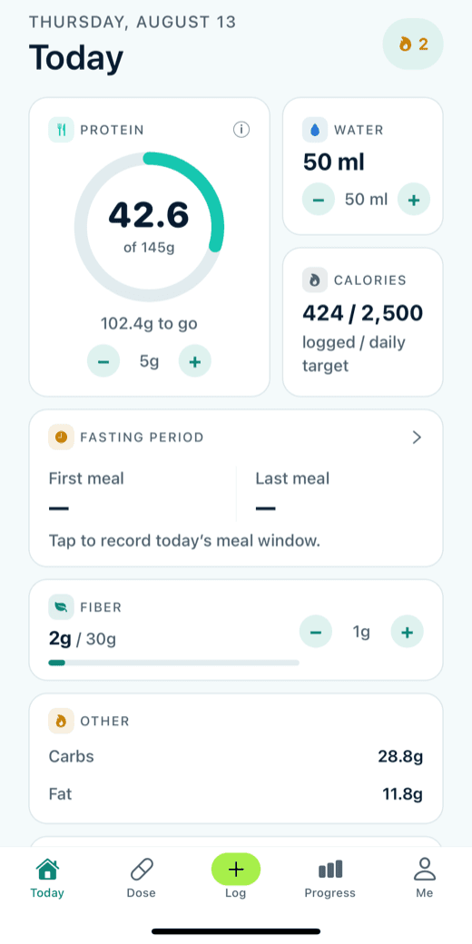Actual Peptimist Today screen with protein, water and calorie tracking